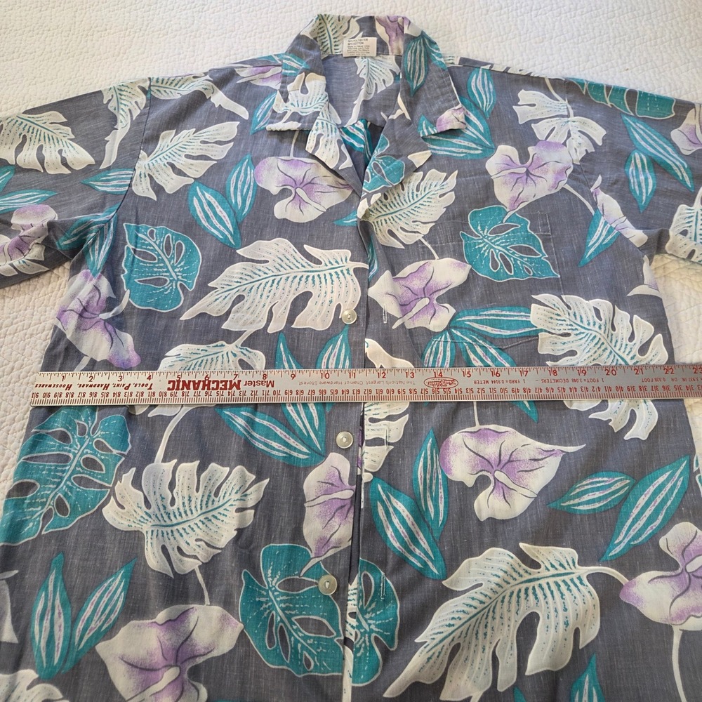 New Horizon Mens Medium Hawaiian Shirt Gray Teal Floral Monstera Made in Hawaii - Picture 5 of 6